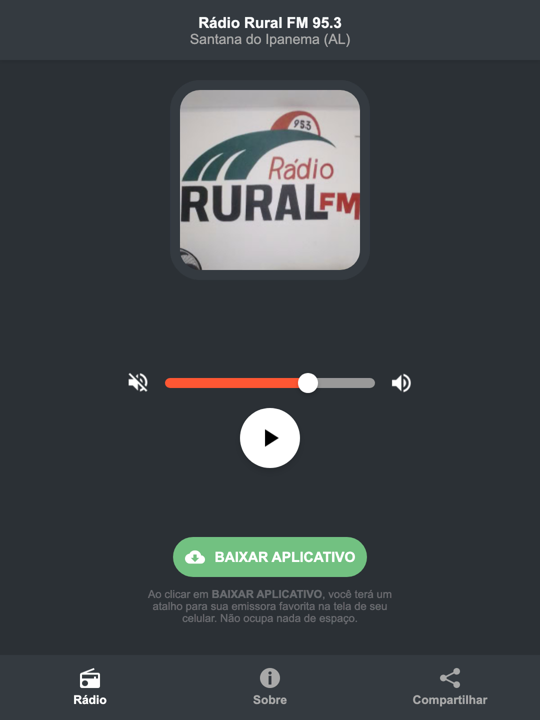Screenshot do aplicativo da Rádio Rural FM 95.3