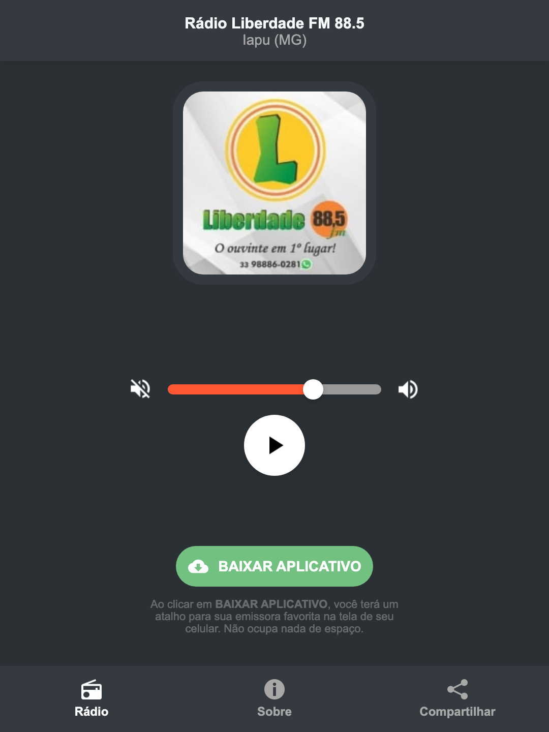 Screenshot do aplicativo da Rádio Liberdade FM 88.5