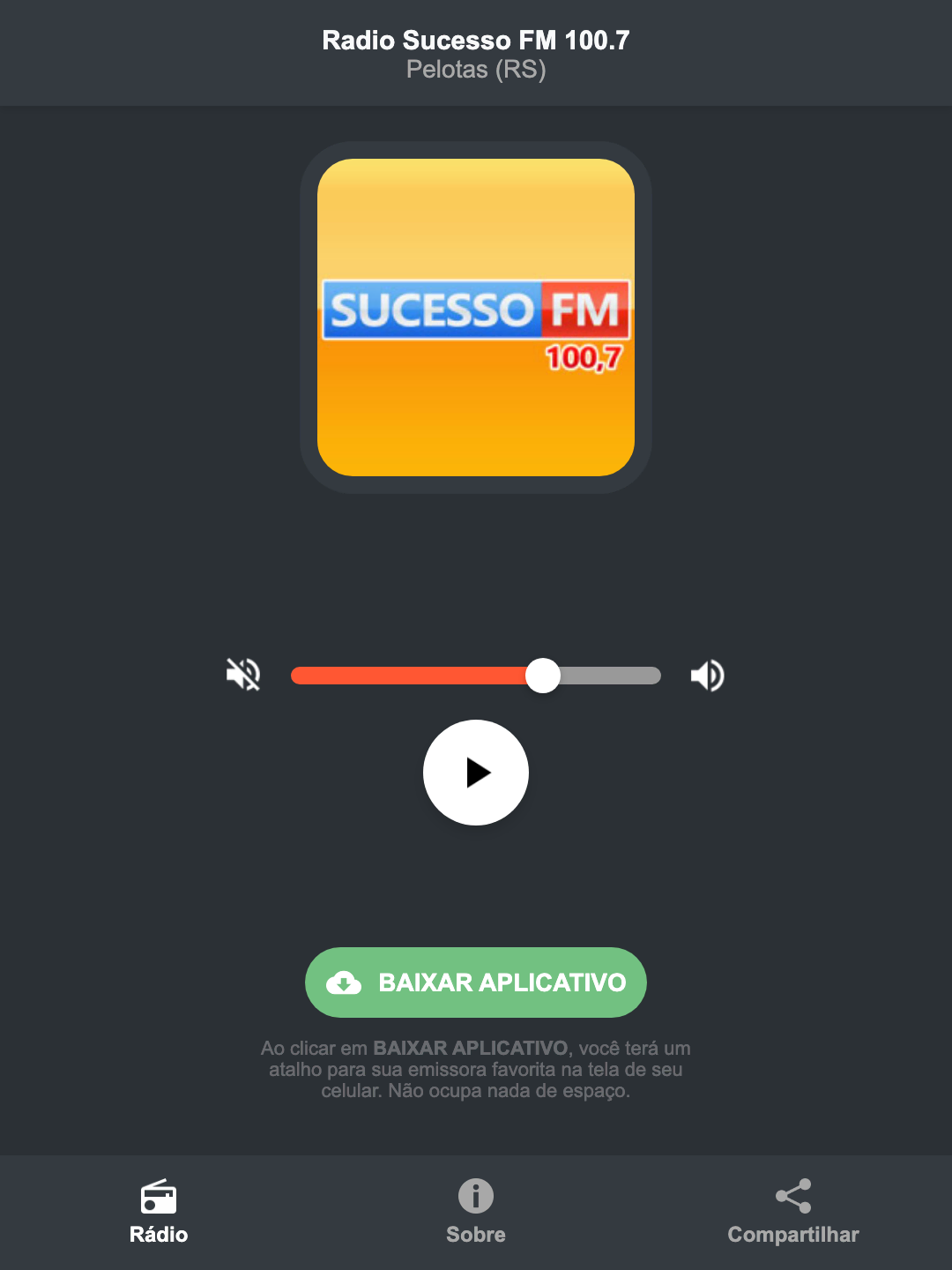Screenshot do aplicativo da Radio Sucesso FM 100.7