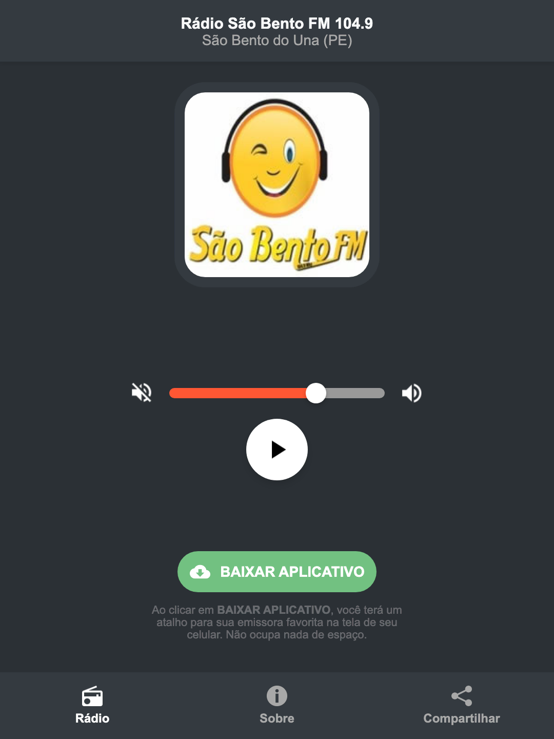 Screenshot do aplicativo da Rádio São Bento FM 104.9