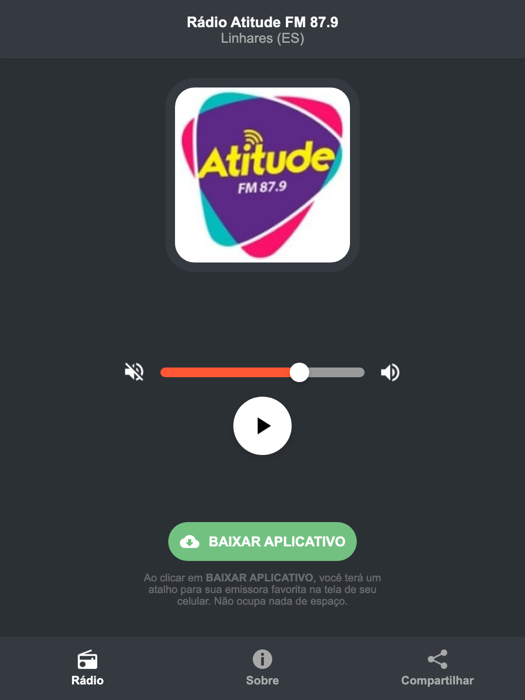 Screenshot do aplicativo da Rádio Atitude FM 87.9