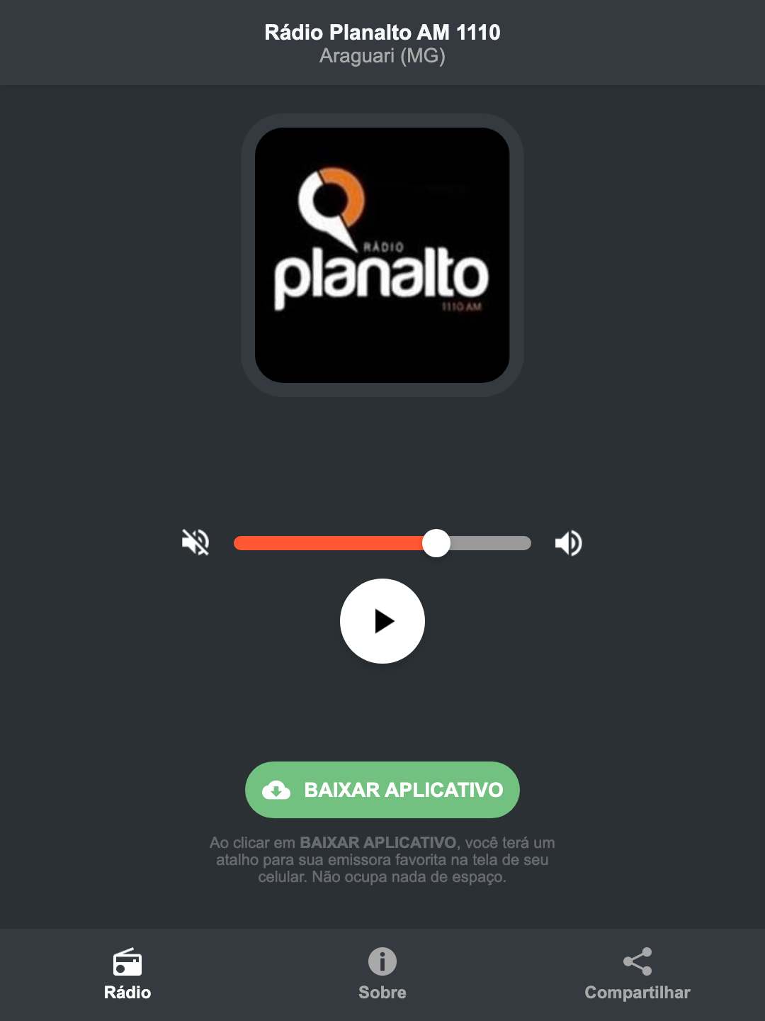 Screenshot do aplicativo da Rádio Planalto AM 1110