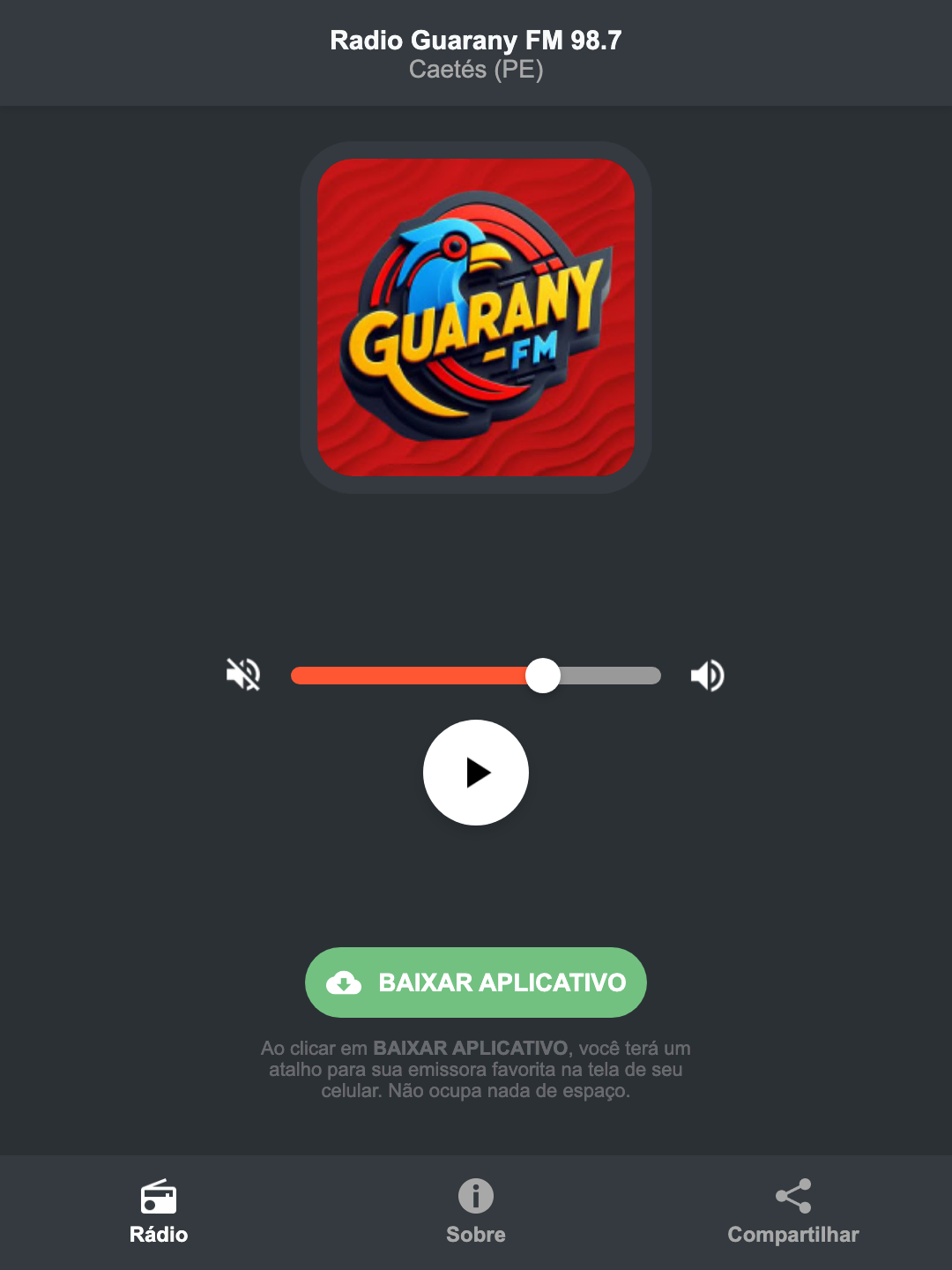 Screenshot do aplicativo da Radio Guarany FM 98.7