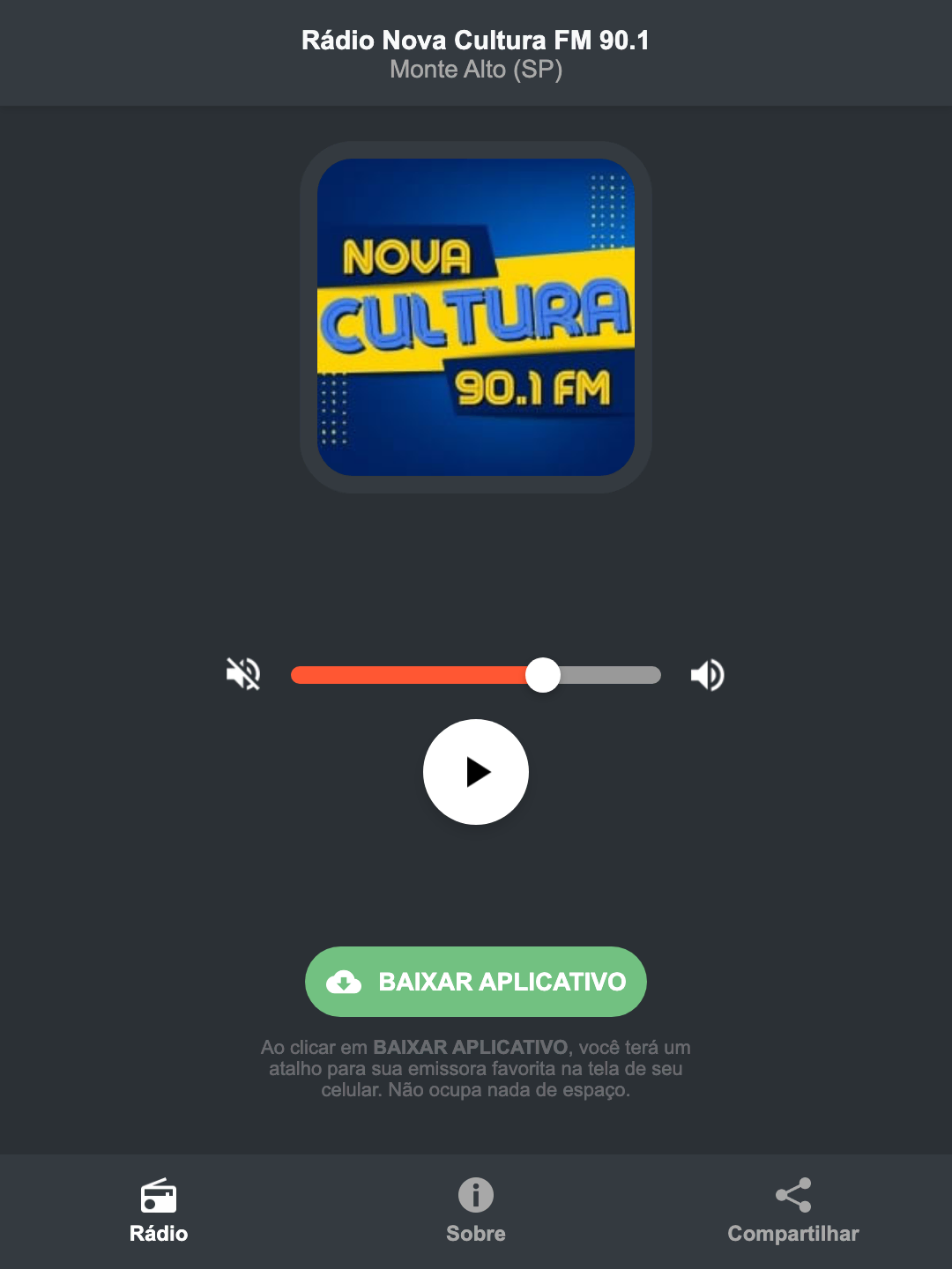 Screenshot do aplicativo da Rádio Nova Cultura FM 90.1