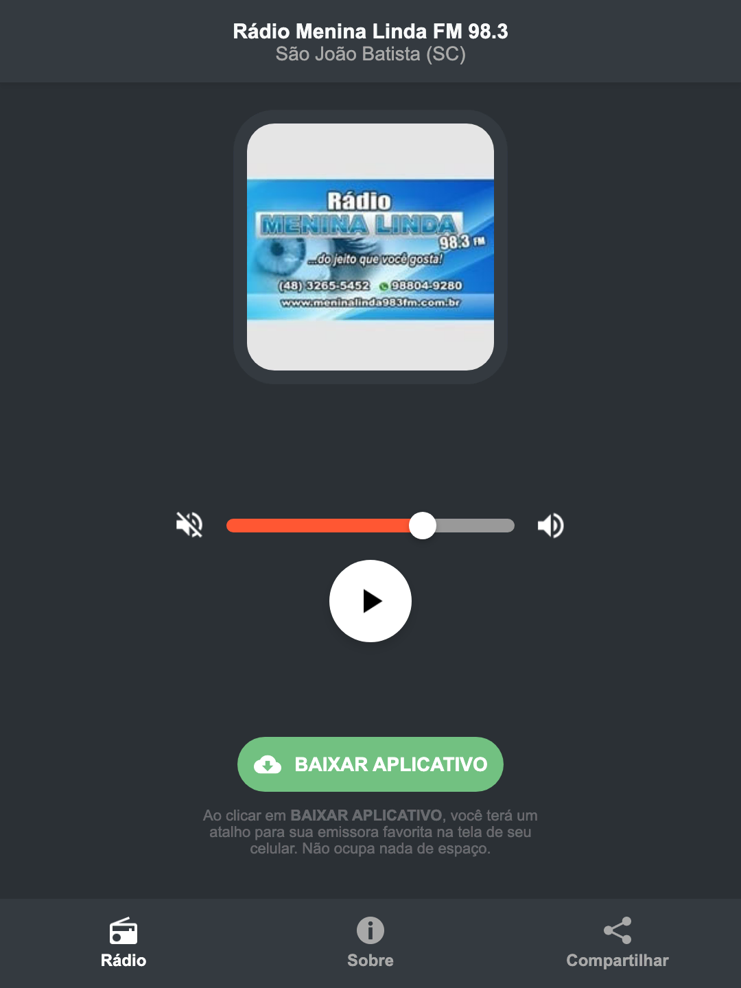 Screenshot do aplicativo da Rádio Menina Linda FM 98.3