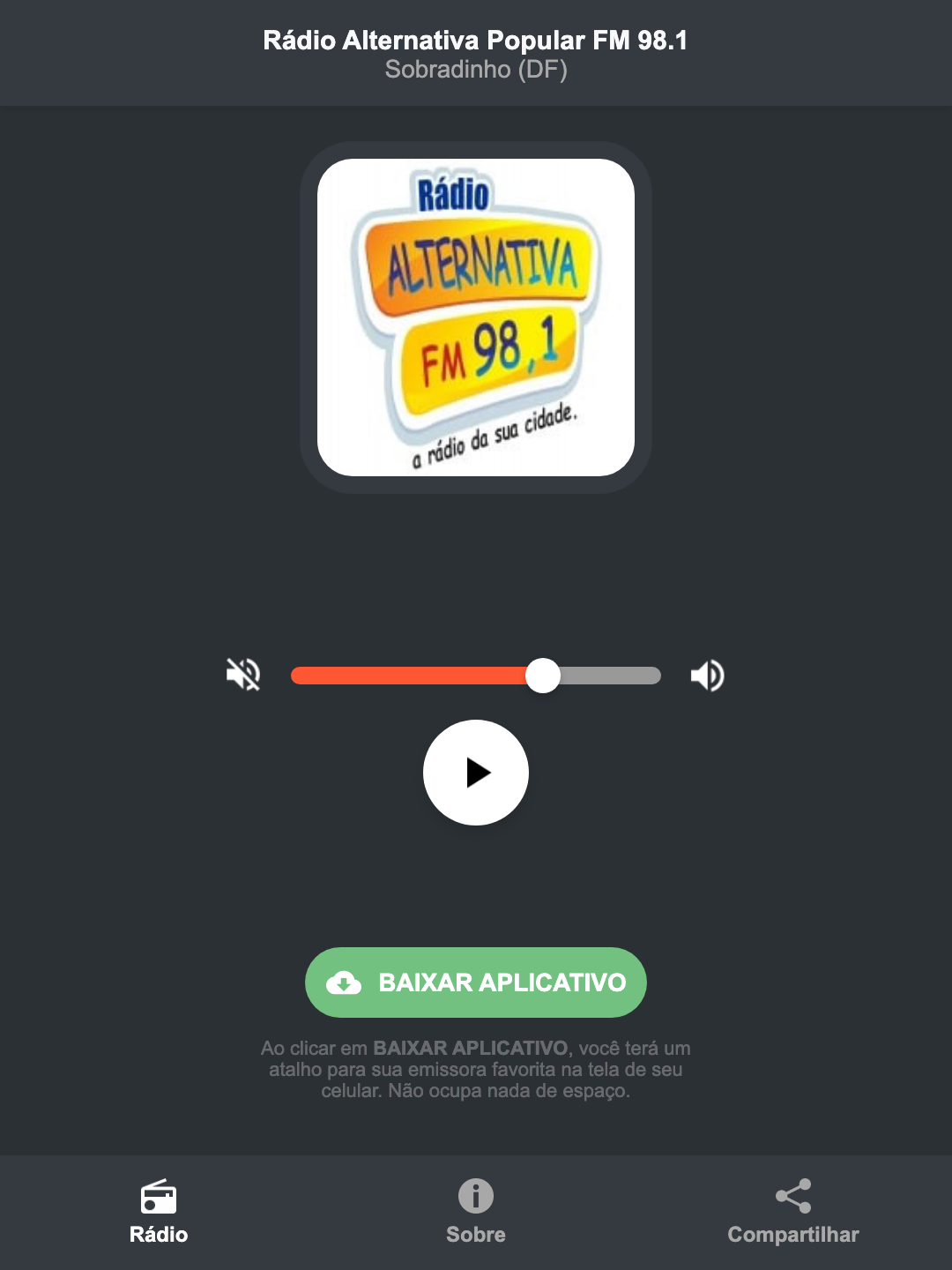 Screenshot do aplicativo da Rádio Alternativa Popular FM 98.1