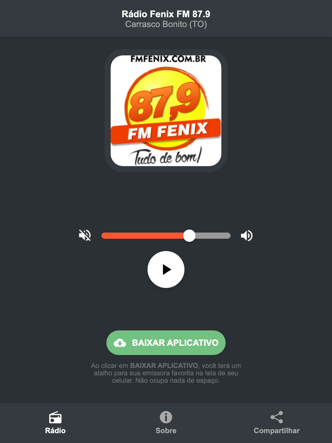 Screenshot do aplicativo da Rádio Fenix FM 87.9