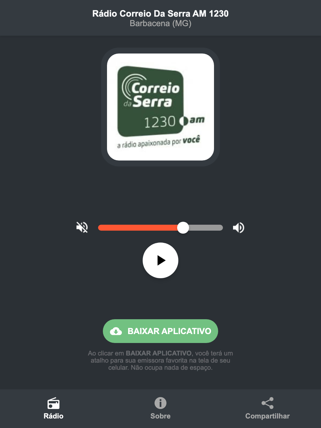 Screenshot do aplicativo da Rádio Correio Da Serra AM 1230