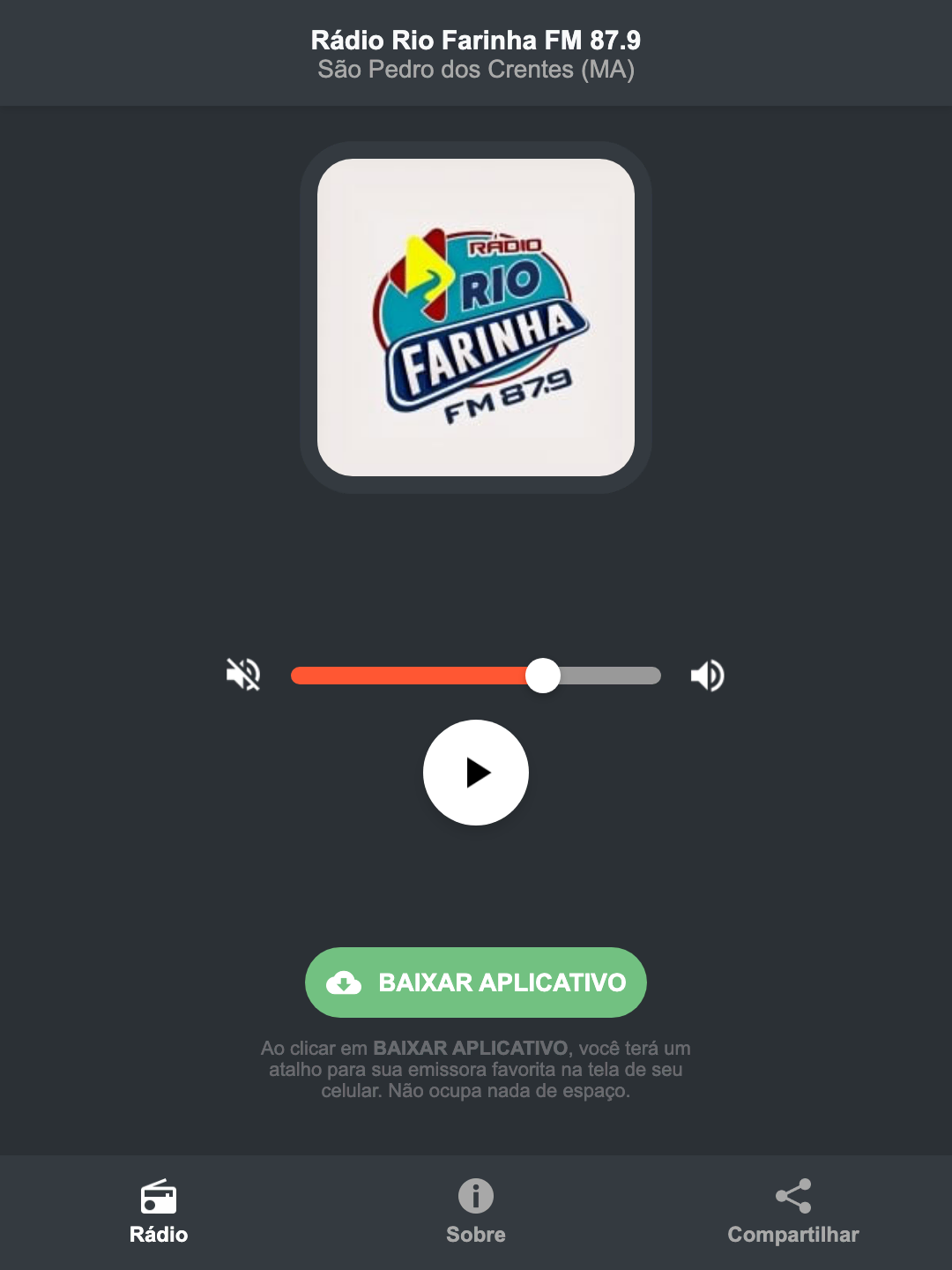 Screenshot do aplicativo da Rádio Rio Farinha FM 87.9