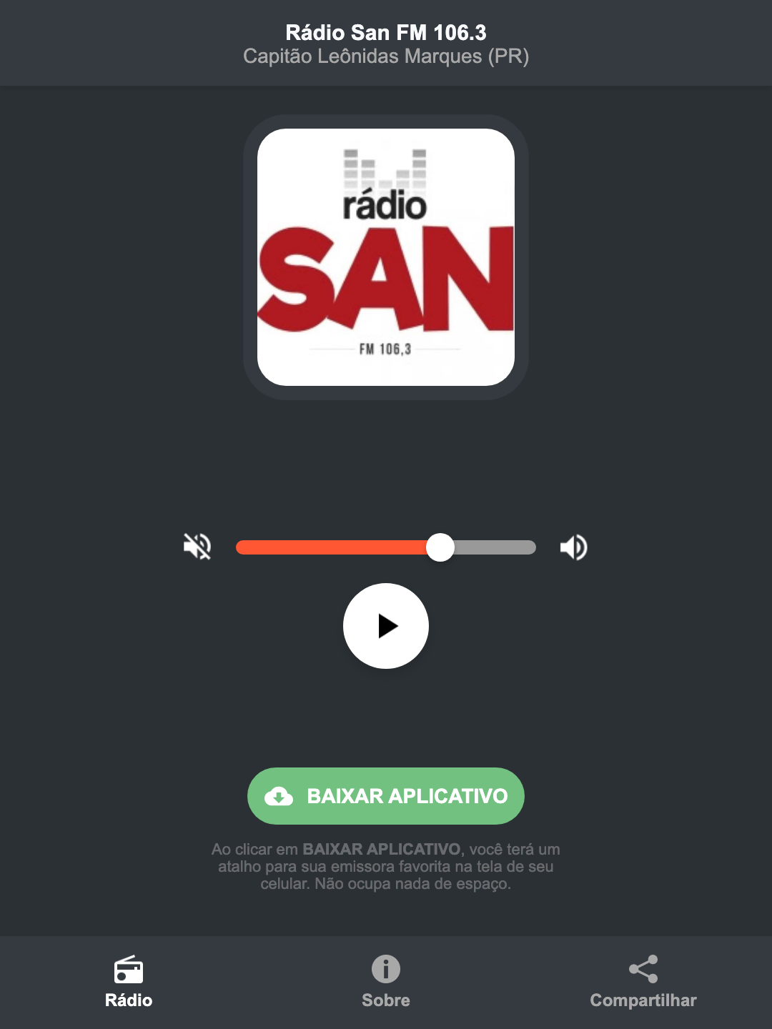 Screenshot do aplicativo da Rádio San FM 106.3