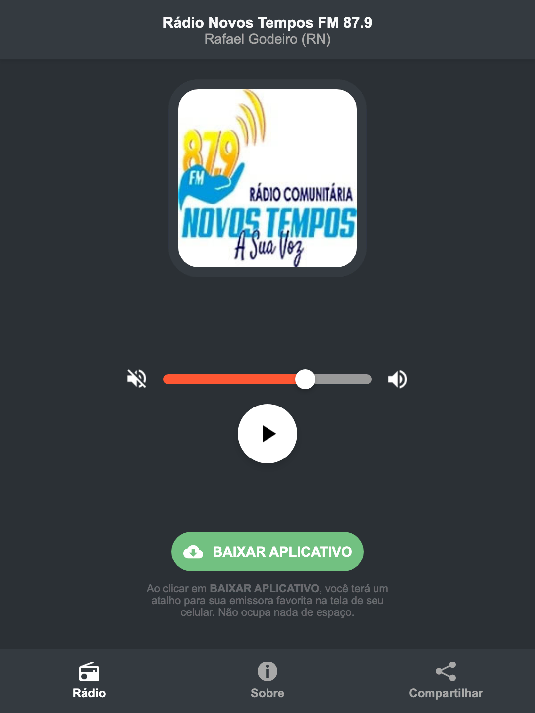 Screenshot do aplicativo da Rádio Novos Tempos FM 87.9