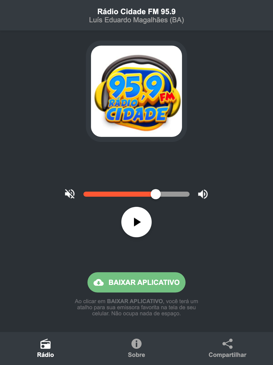 Screenshot do aplicativo da Rádio Cidade FM 95.9