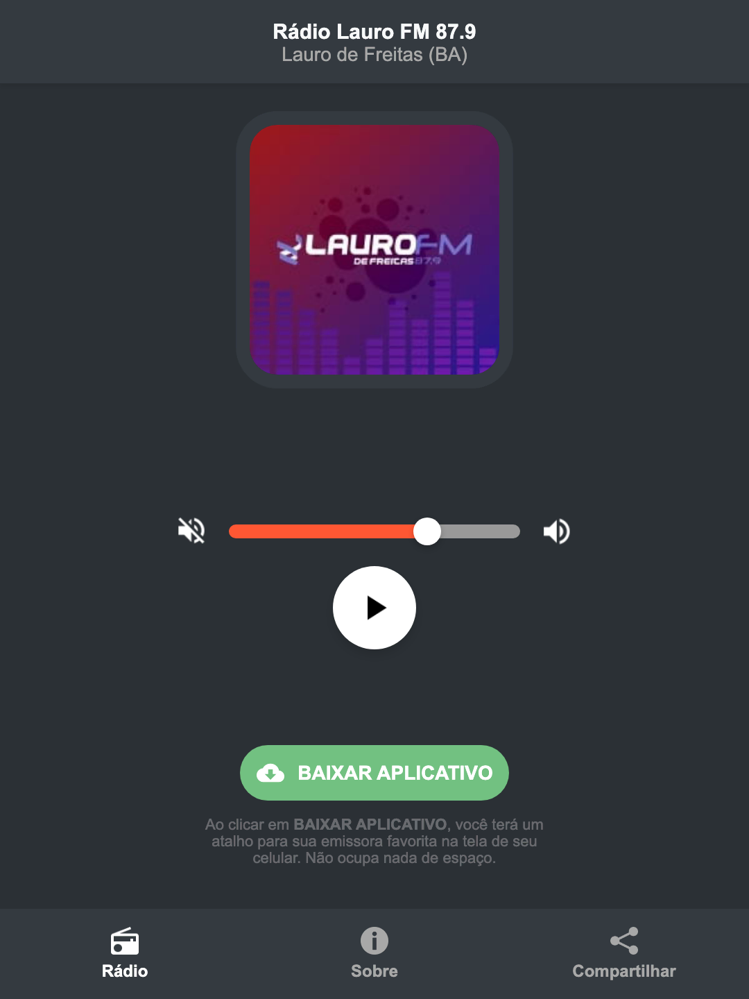 Screenshot do aplicativo da Rádio Lauro FM 87.9