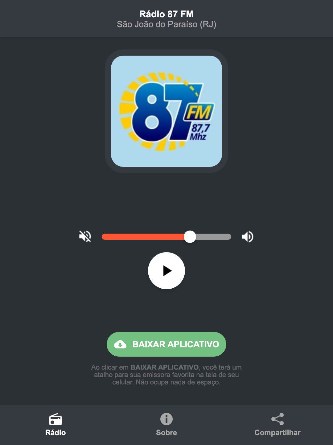 Screenshot do aplicativo da Rádio 87 FM
