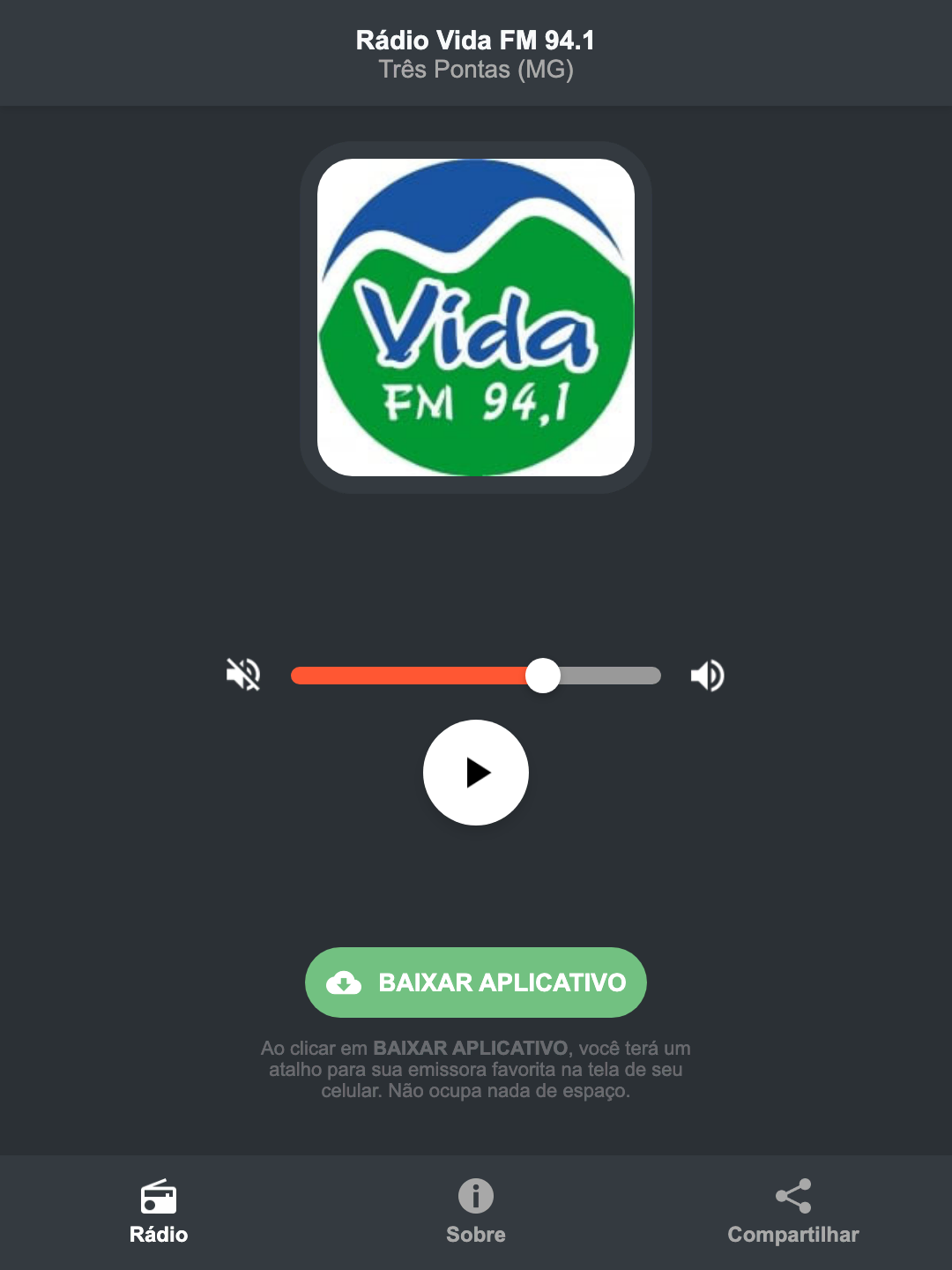Screenshot do aplicativo da Rádio Vida FM 94.1