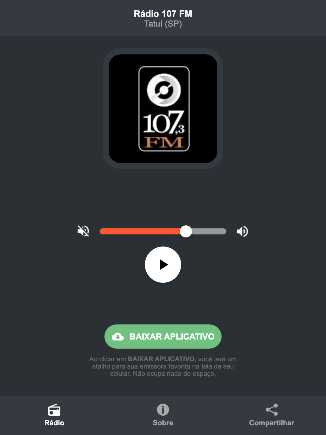 Screenshot do aplicativo da Rádio 107 FM