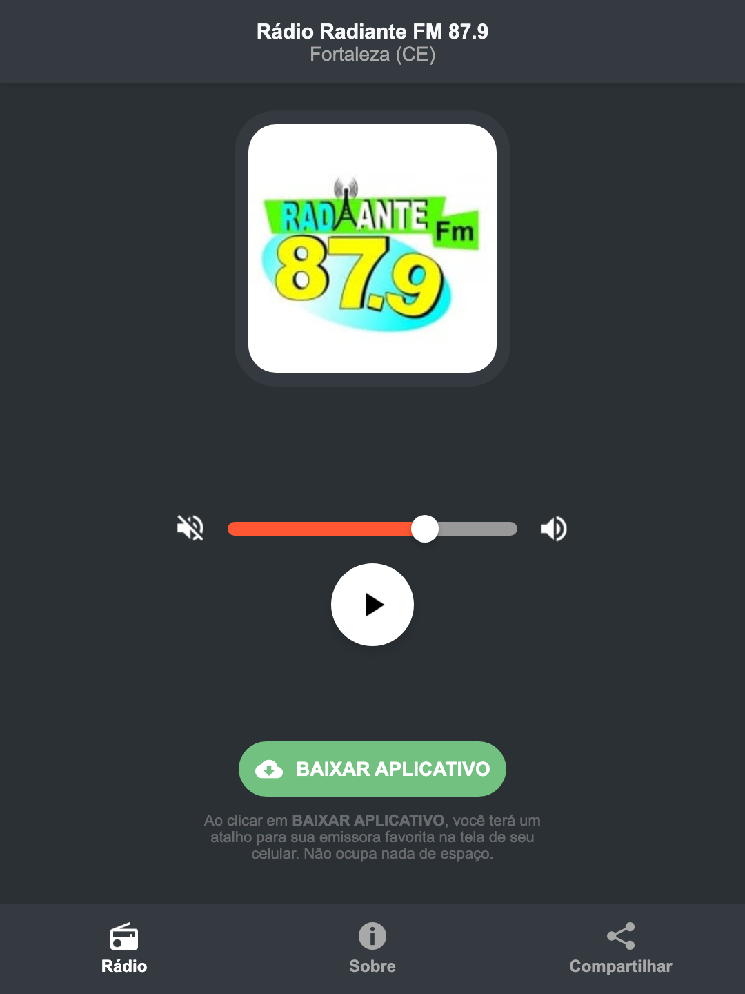 Screenshot do aplicativo da Rádio Radiante FM 87.9