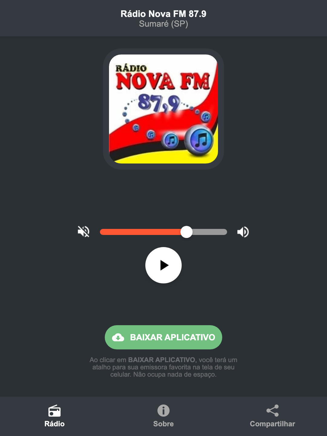 Screenshot do aplicativo da Rádio Nova FM 87.9