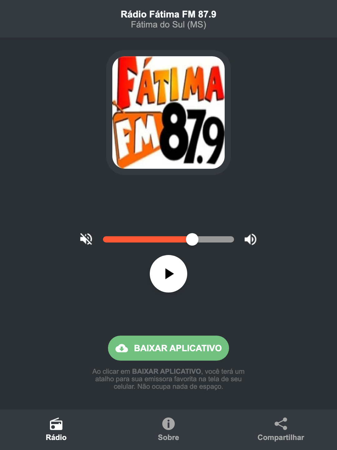 Screenshot do aplicativo da Rádio Fátima FM 87.9