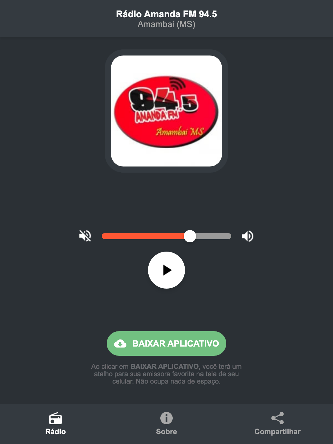 Screenshot do aplicativo da Rádio Amanda FM 94.5