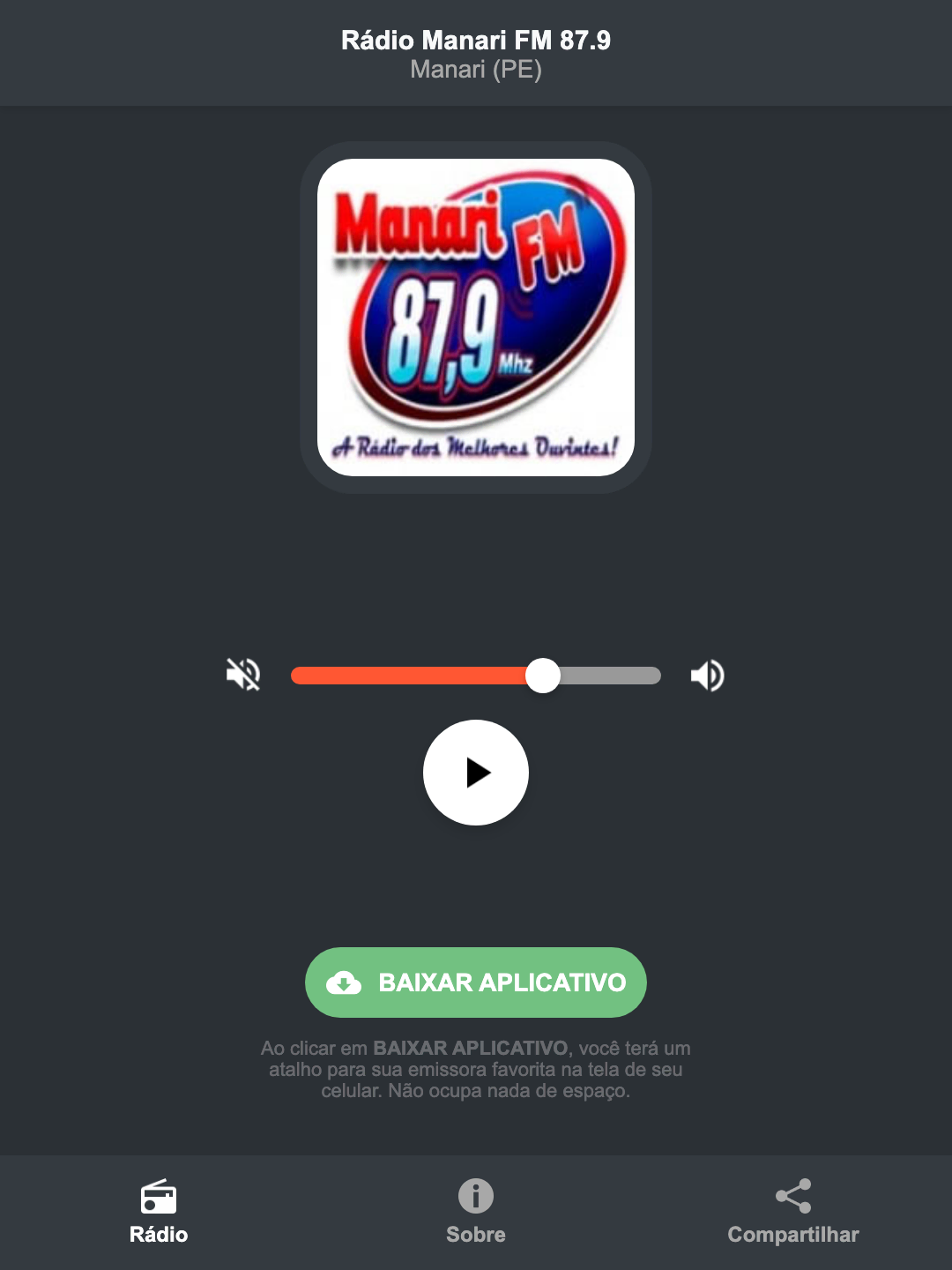 Screenshot do aplicativo da Rádio Manari FM 87.9