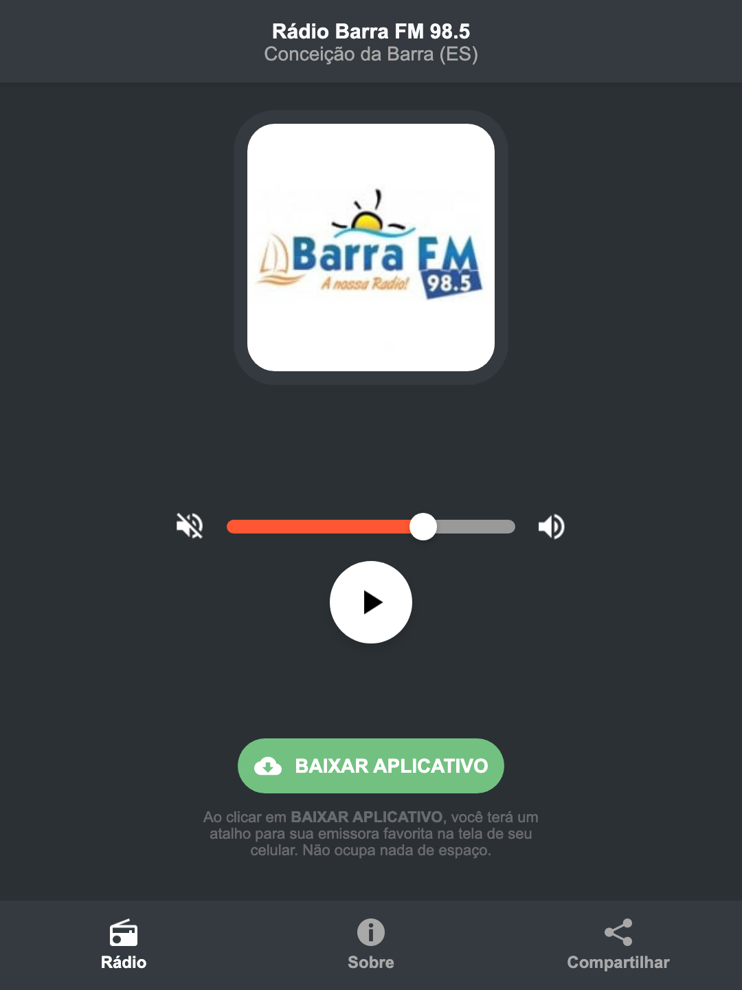Screenshot do aplicativo da Rádio Barra FM 98.5
