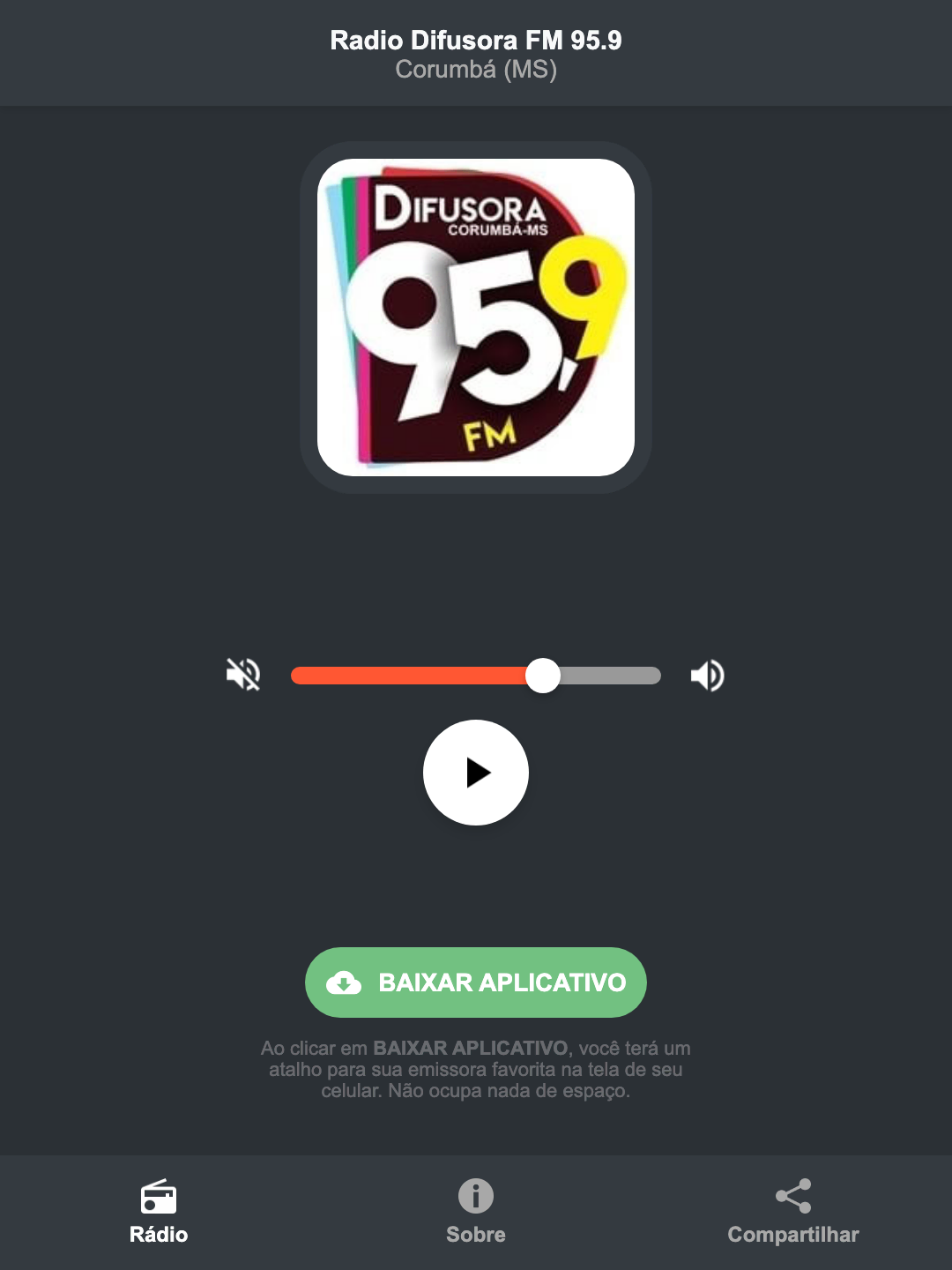 Screenshot do aplicativo da Radio Difusora FM 95.9
