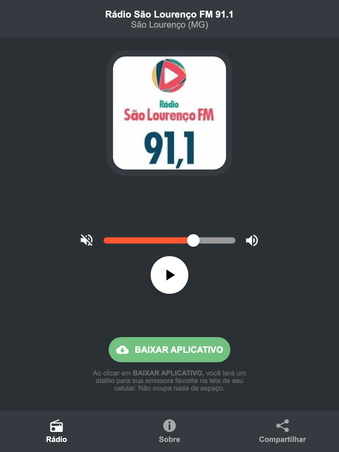 Screenshot do aplicativo da Rádio São Lourenço FM 91.1