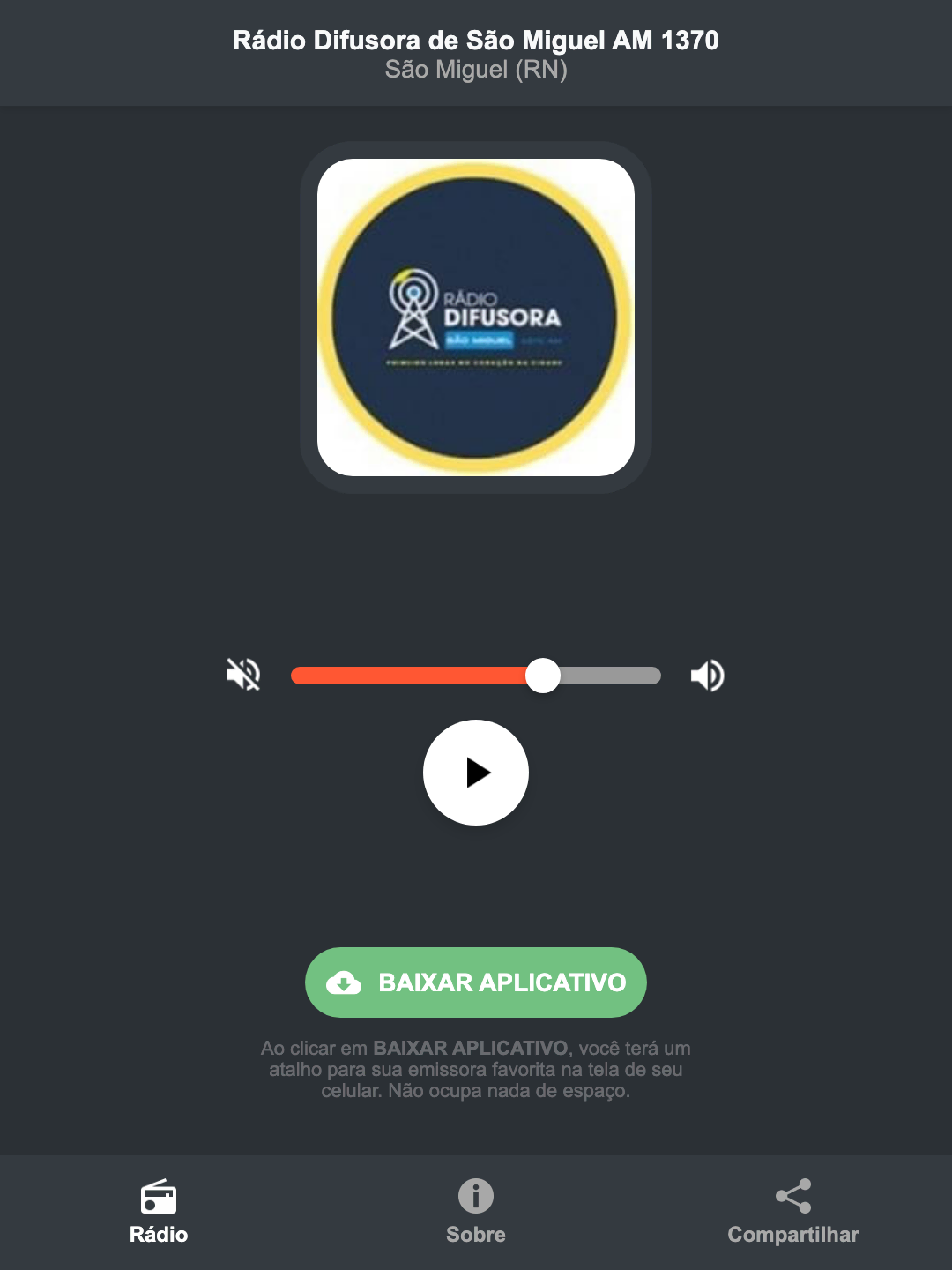Screenshot do aplicativo da Rádio Difusora de São Miguel AM 1370