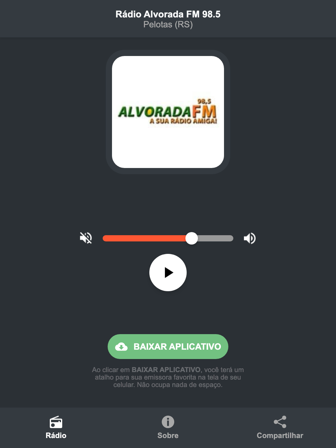 Screenshot do aplicativo da Rádio Alvorada FM 98.5