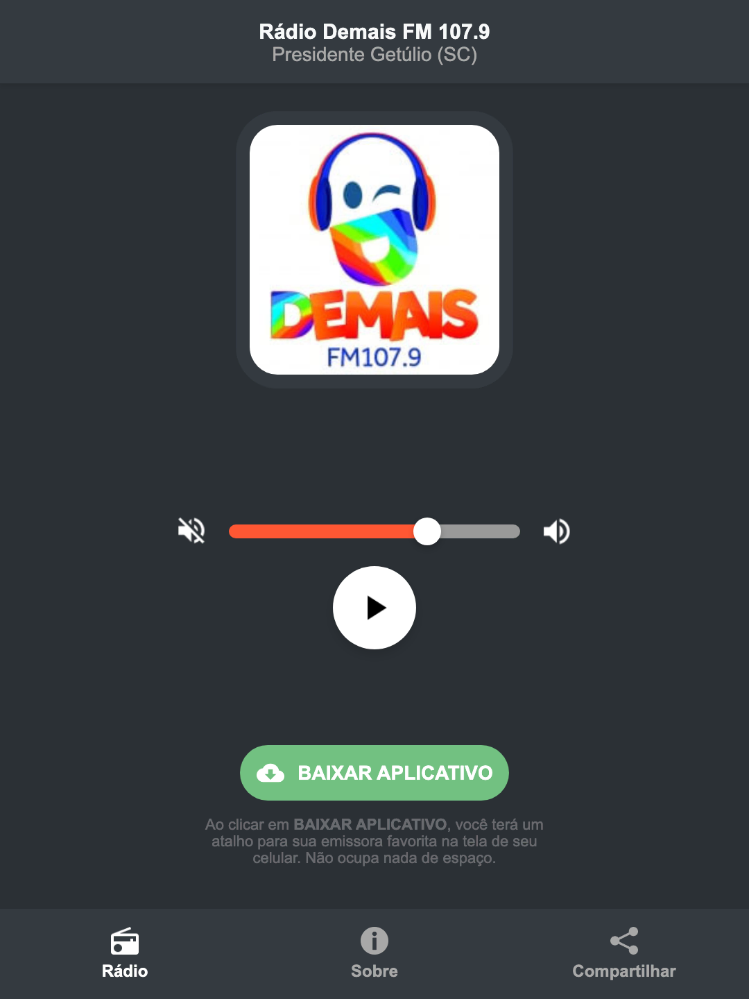 Screenshot do aplicativo da Rádio Demais FM 107.9