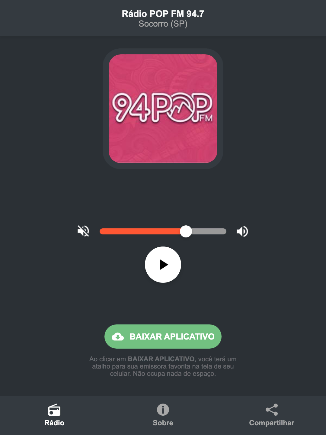 Screenshot do aplicativo da Rádio POP FM 94.7