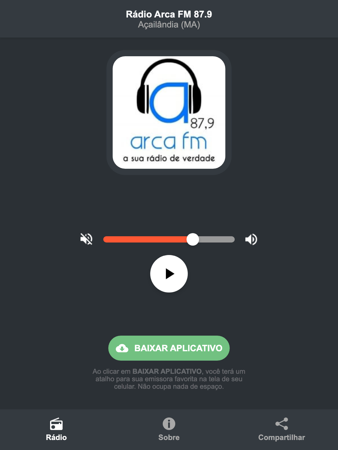 Screenshot do aplicativo da Rádio Arca FM 87.9