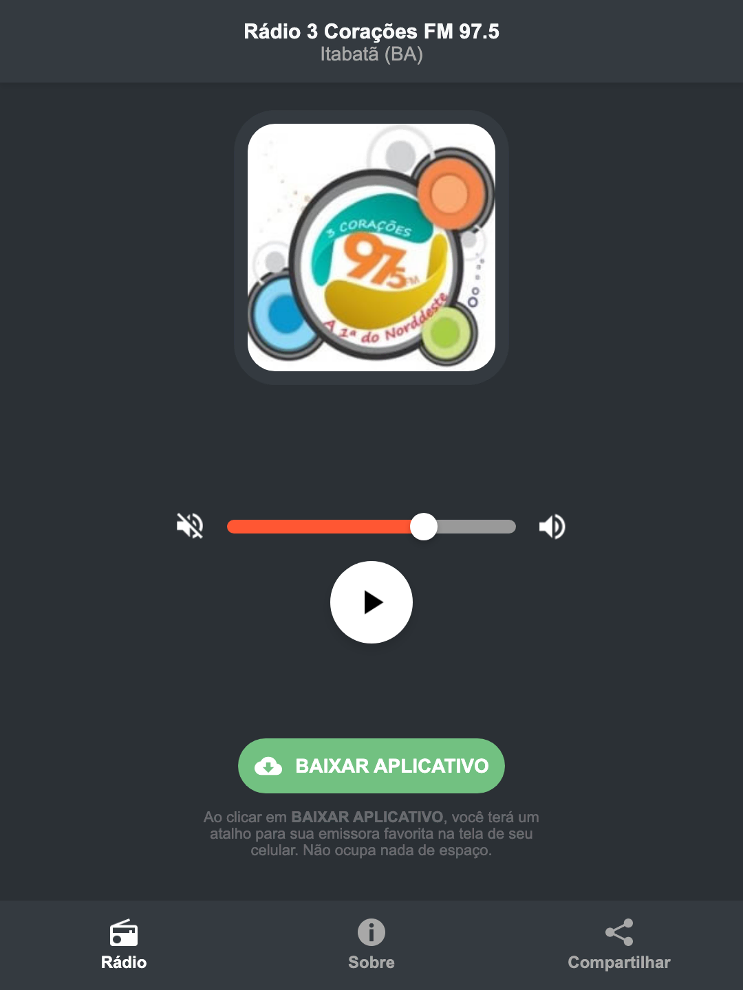 Screenshot do aplicativo da Rádio 3 Corações FM 97.5