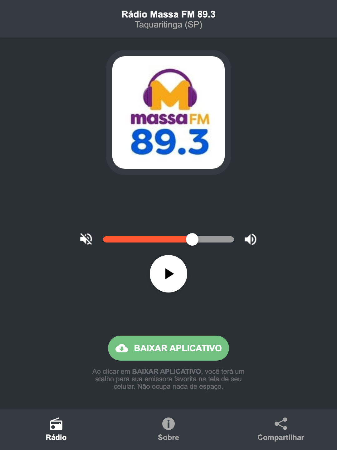 Screenshot do aplicativo da Rádio Massa FM 89.3