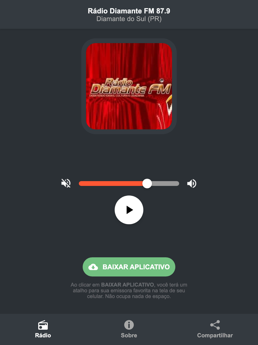 Screenshot do aplicativo da Rádio Diamante FM 87.9