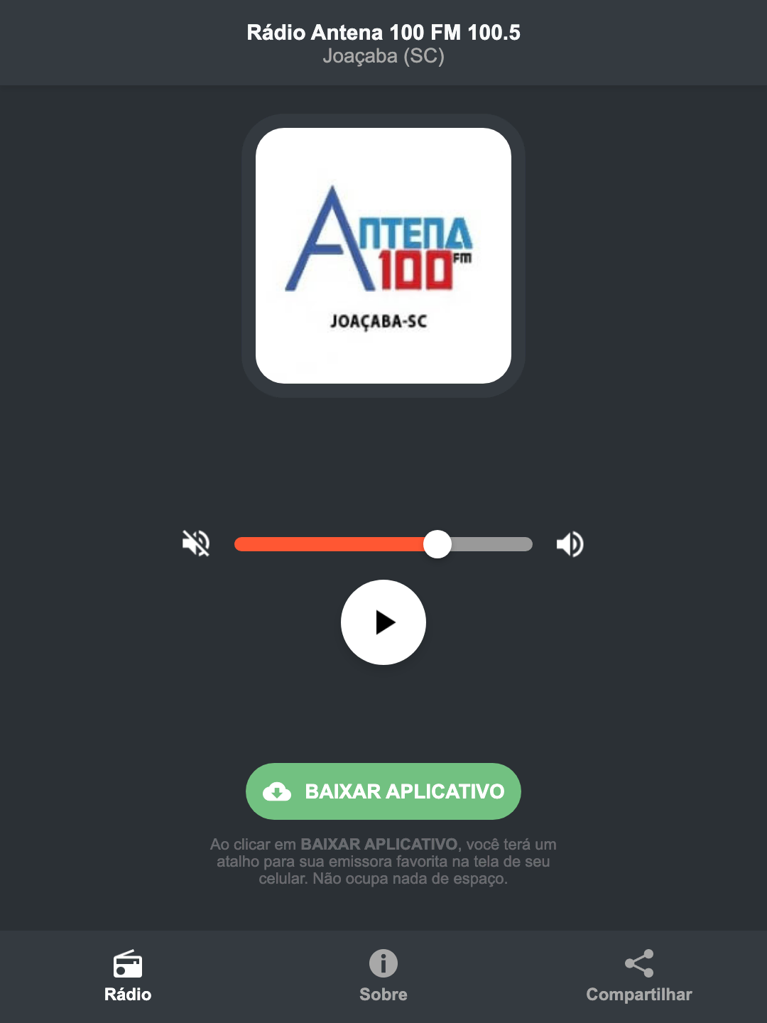 Screenshot do aplicativo da Rádio Antena 100 FM 100.5