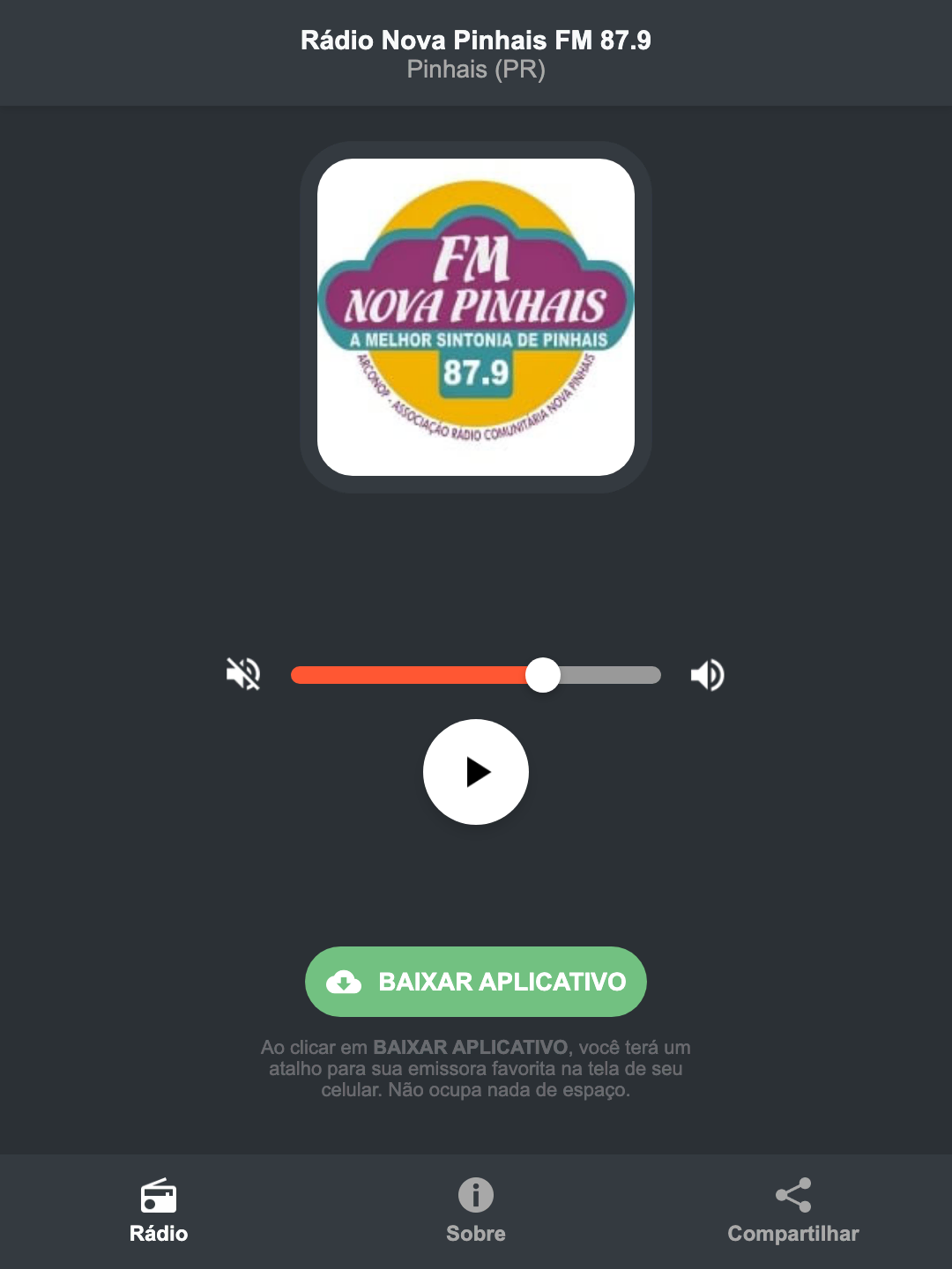 Screenshot do aplicativo da Rádio Nova Pinhais FM 87.9