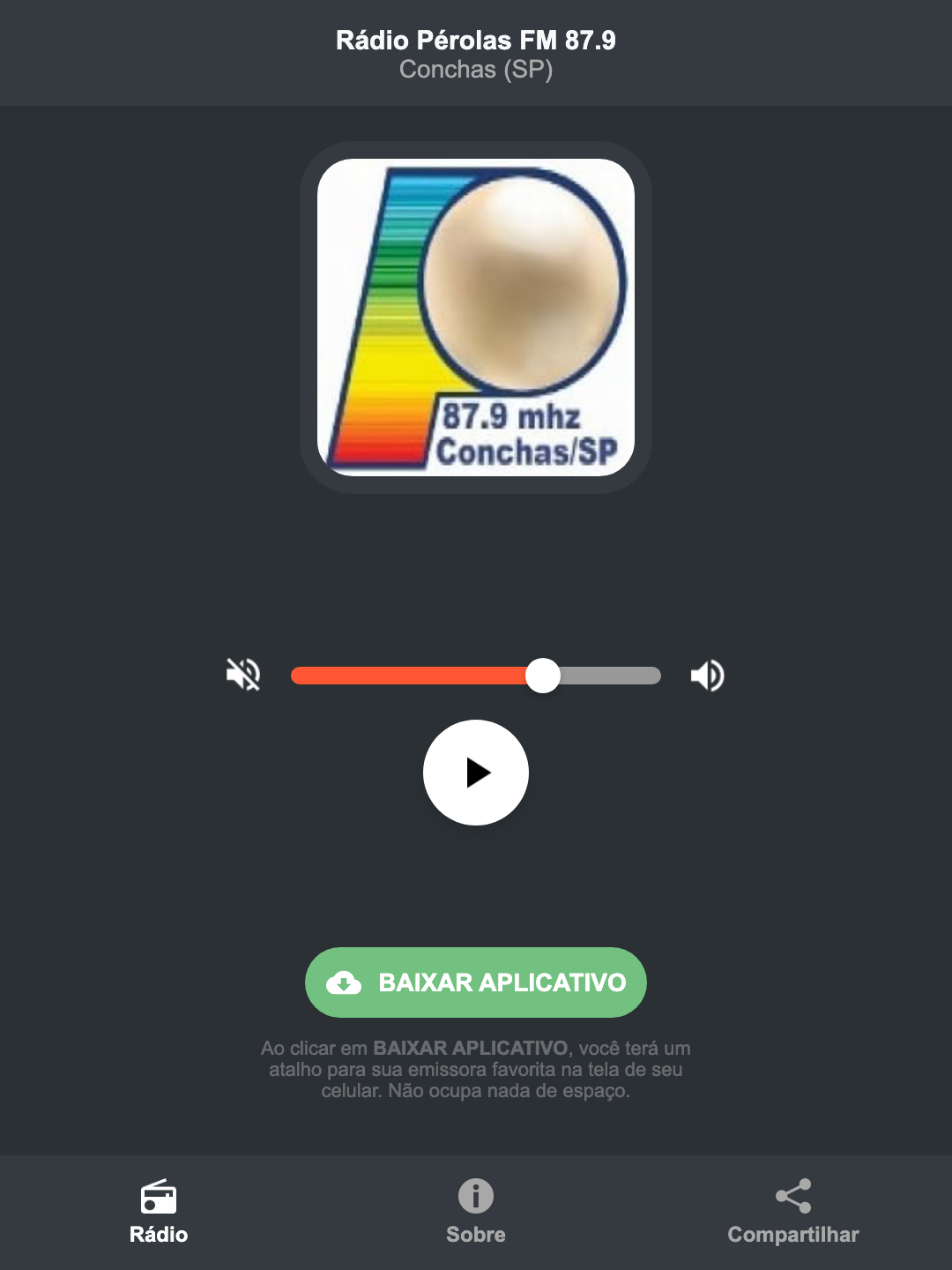 Screenshot do aplicativo da Rádio Pérolas FM 87.9