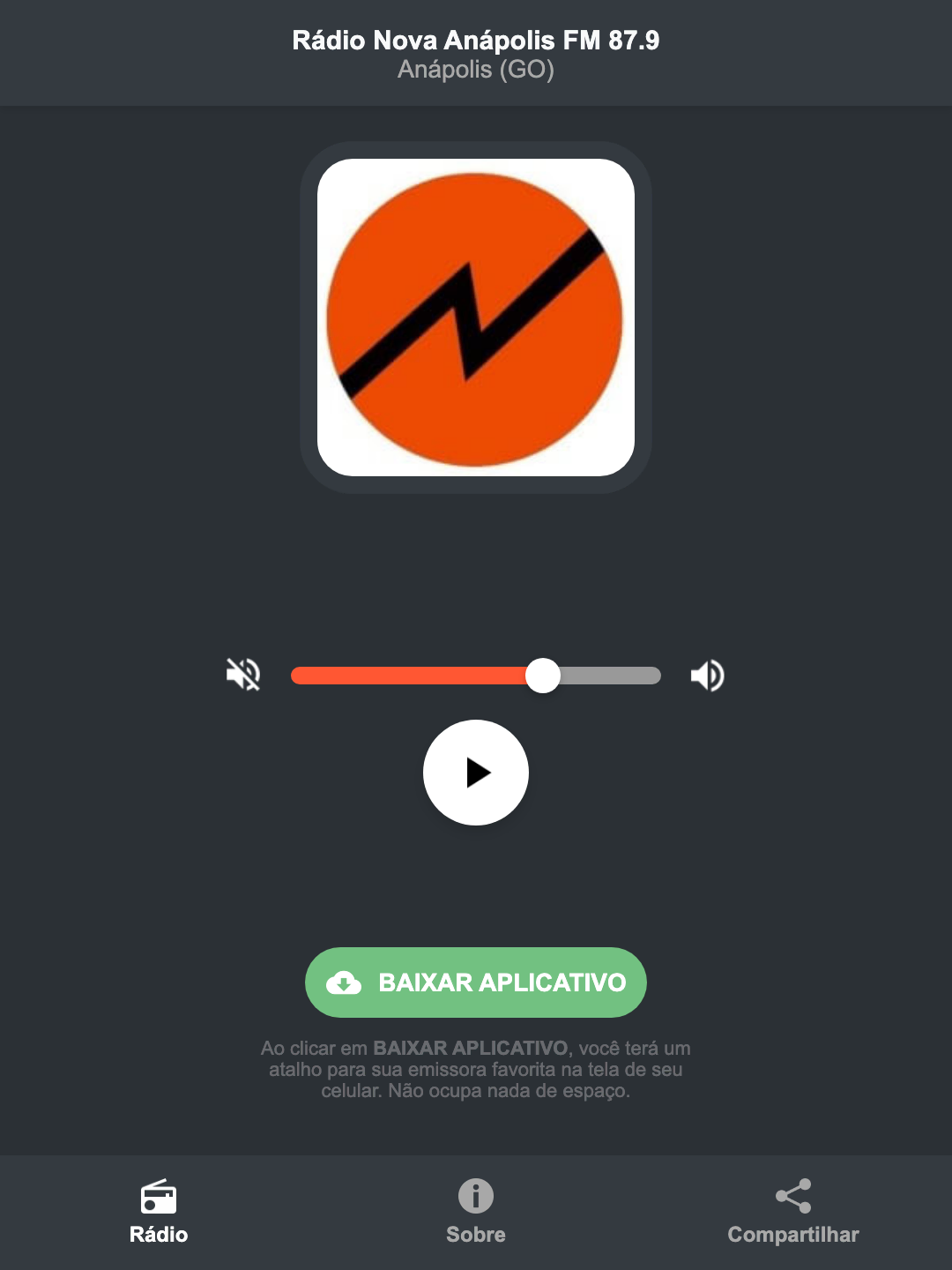 Screenshot do aplicativo da Rádio Nova Anápolis FM 87.9