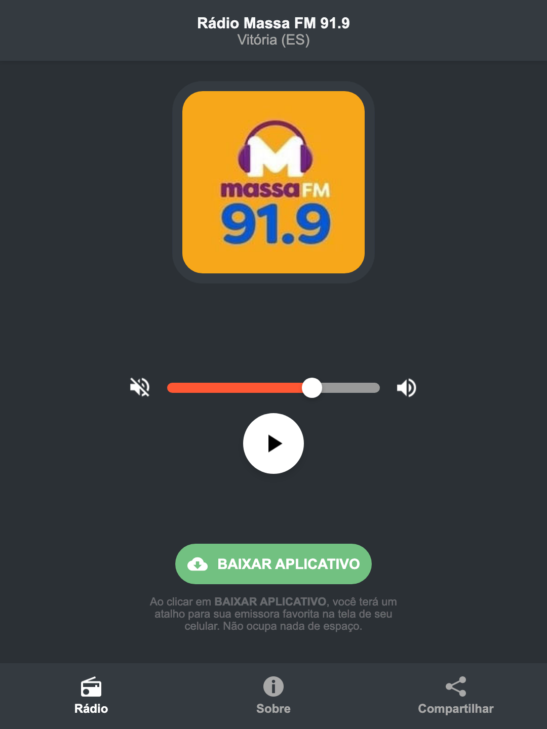 Screenshot do aplicativo da Rádio Massa FM 91.9