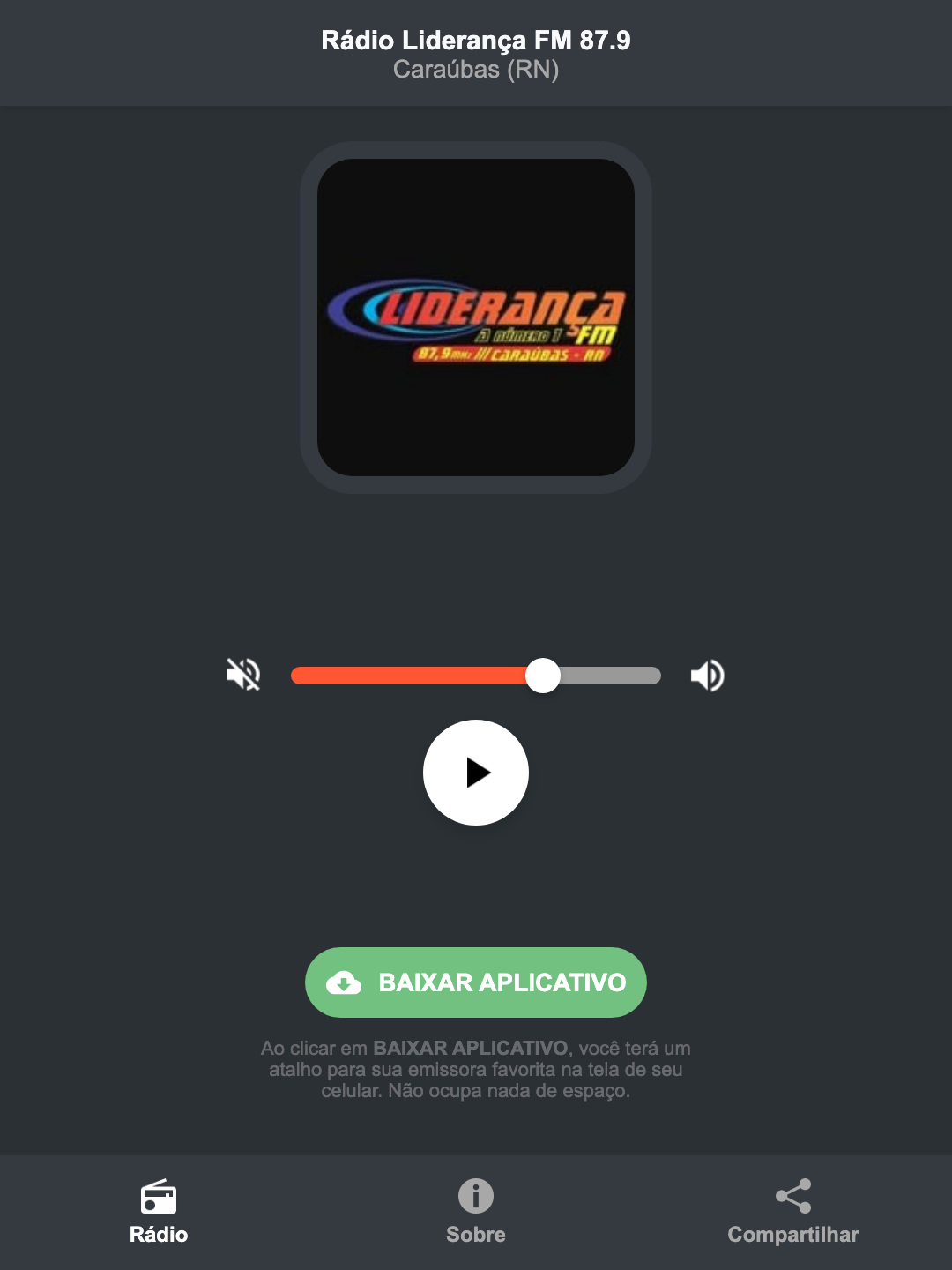 Screenshot do aplicativo da Rádio Liderança FM 87.9