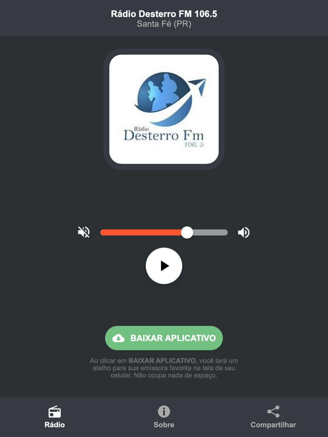 Screenshot do aplicativo da Rádio Desterro FM 106.5
