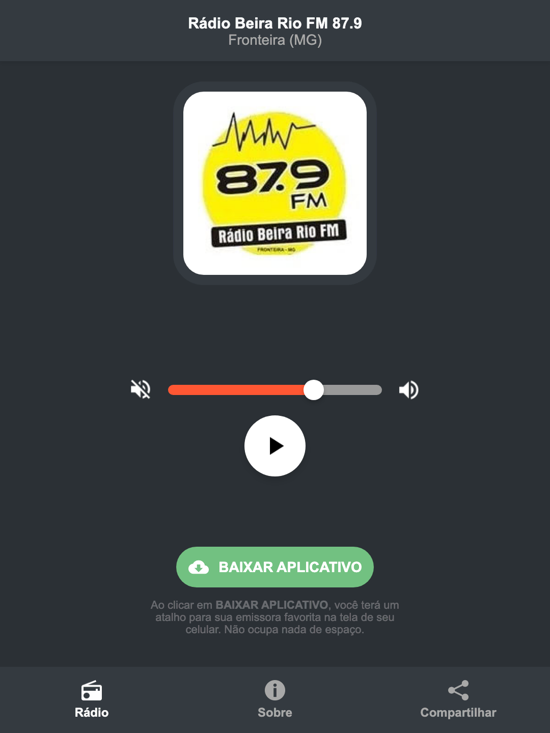 Screenshot do aplicativo da Rádio Beira Rio FM 87.9