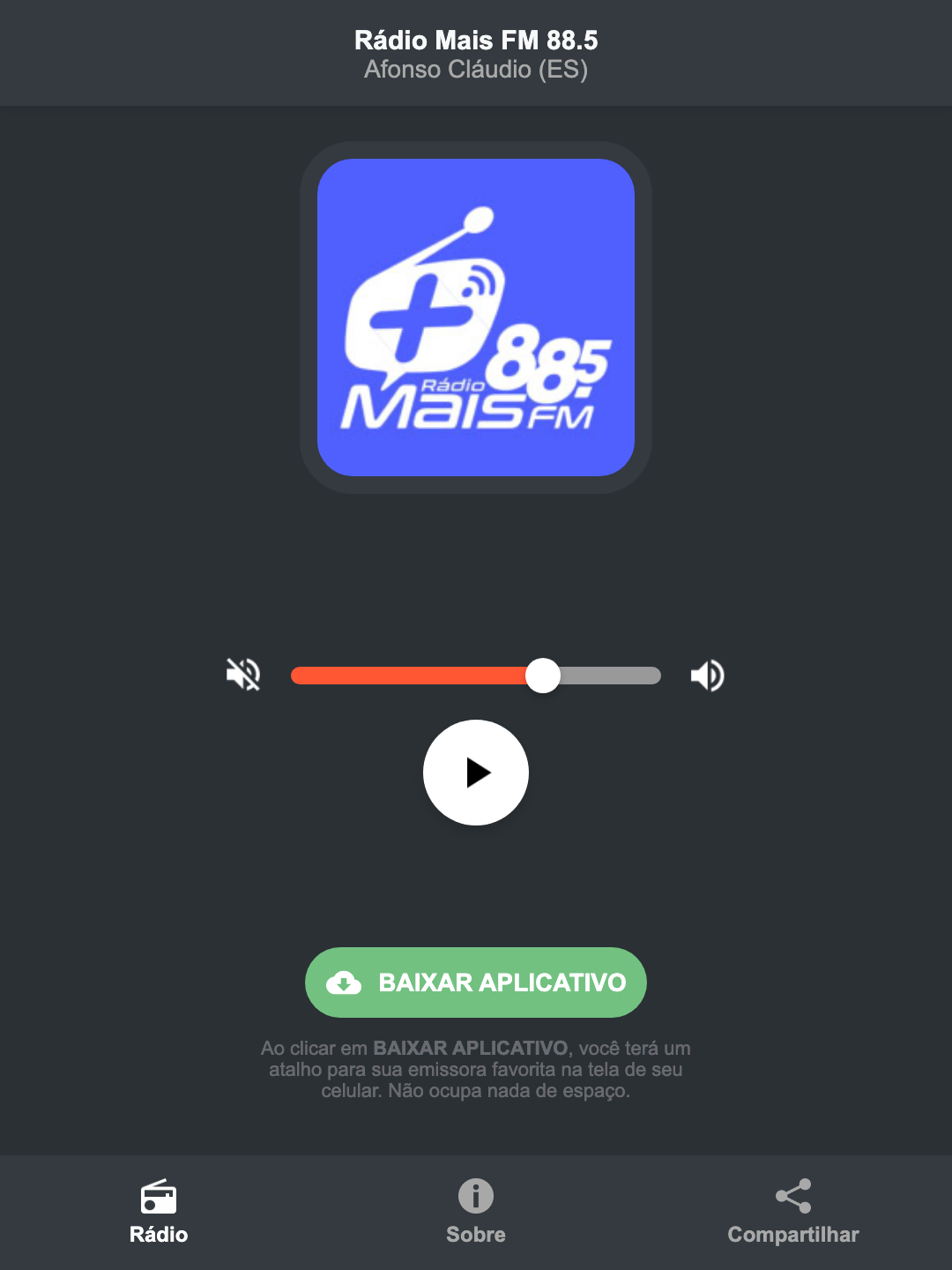 Screenshot do aplicativo da Rádio Mais FM 88.5