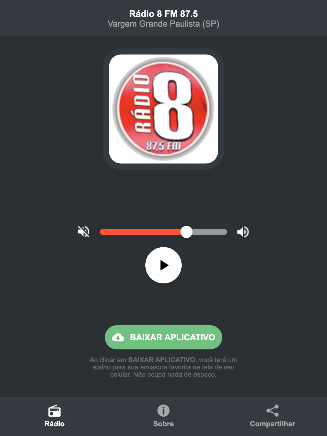 Screenshot do aplicativo da Rádio 8 FM 87.5