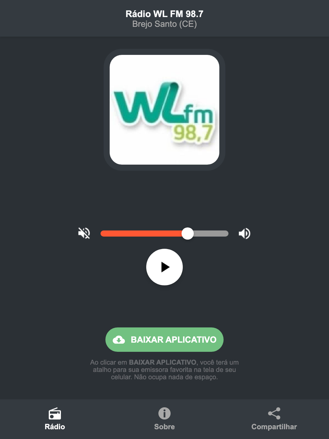Screenshot do aplicativo da Rádio WL FM 98.7