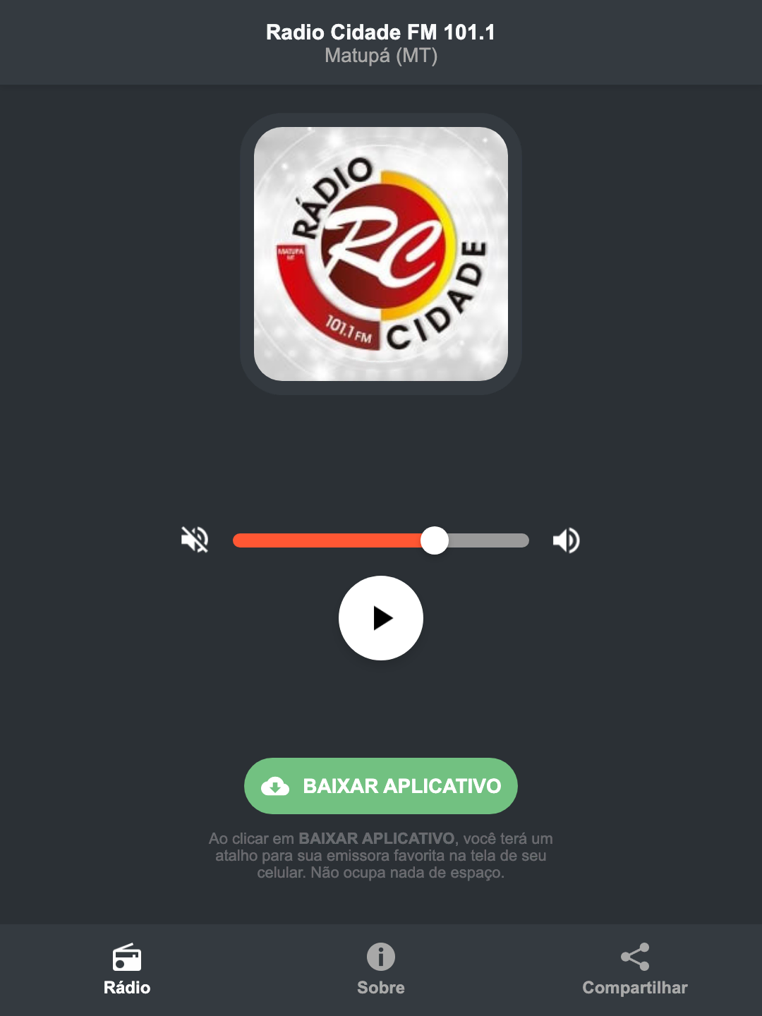 Screenshot do aplicativo da Radio Cidade FM 101.1