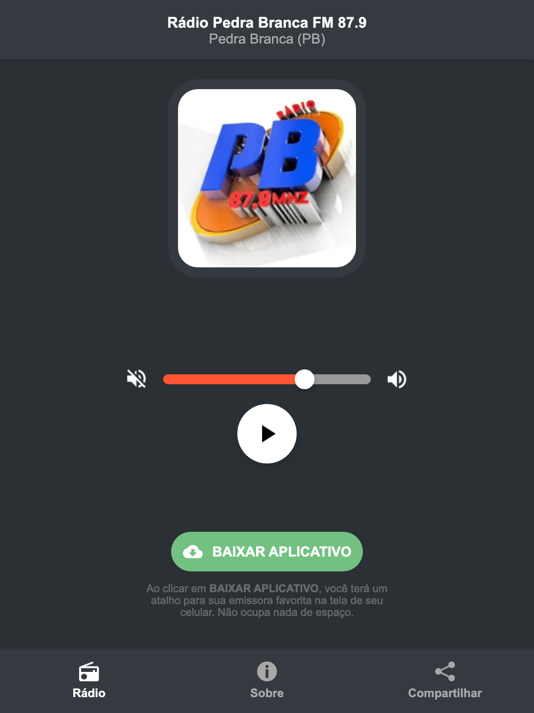 Screenshot do aplicativo da Rádio Pedra Branca FM 87.9