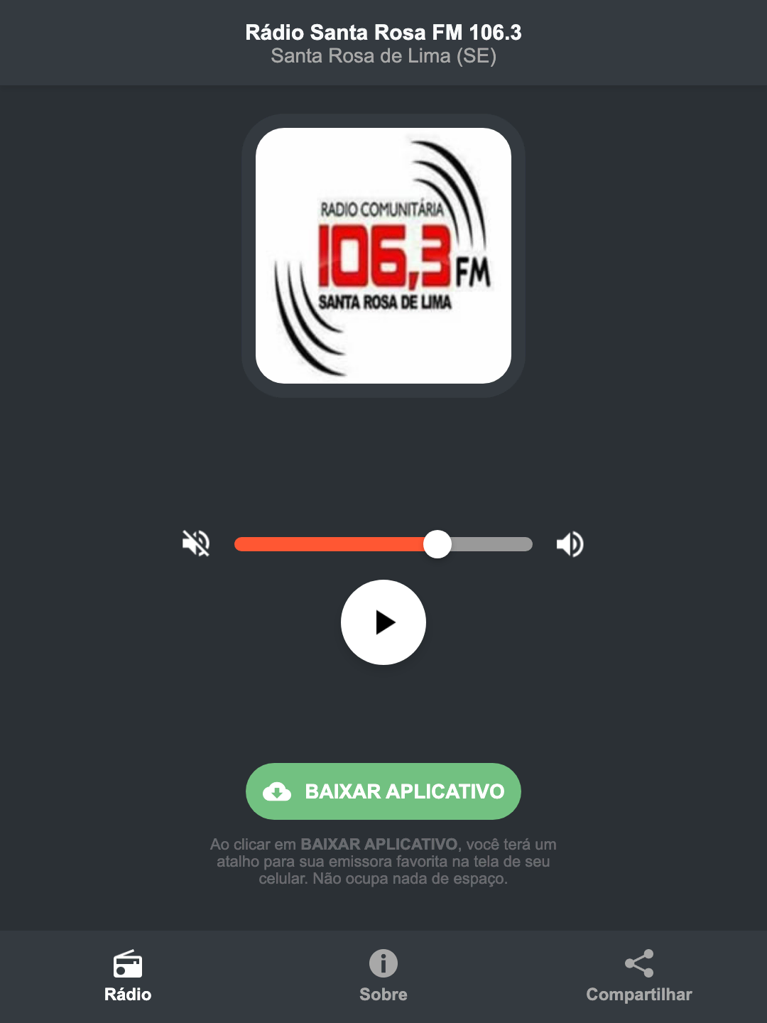 Screenshot do aplicativo da Rádio Santa Rosa FM 106.3